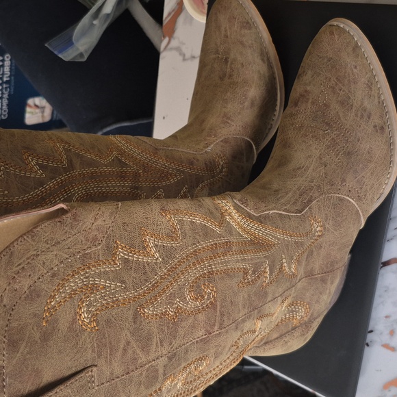 Western Cowgirl  Chunky Heel Mid Calf Snip Toe Vintage Tan Cowboy Boots 9.5 - Picture 3 of 14